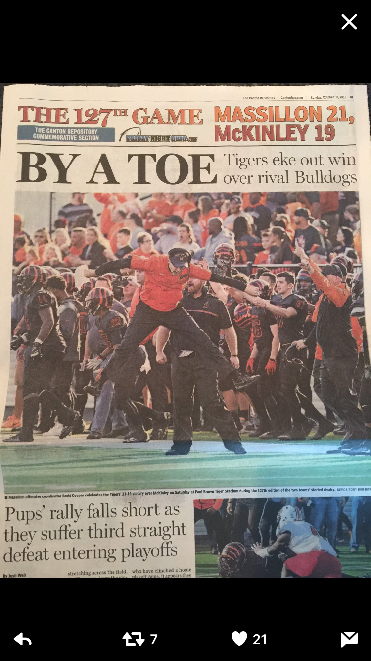 "By a Toe" — Massillon 21, McKinley 19, the 127th game (2016)