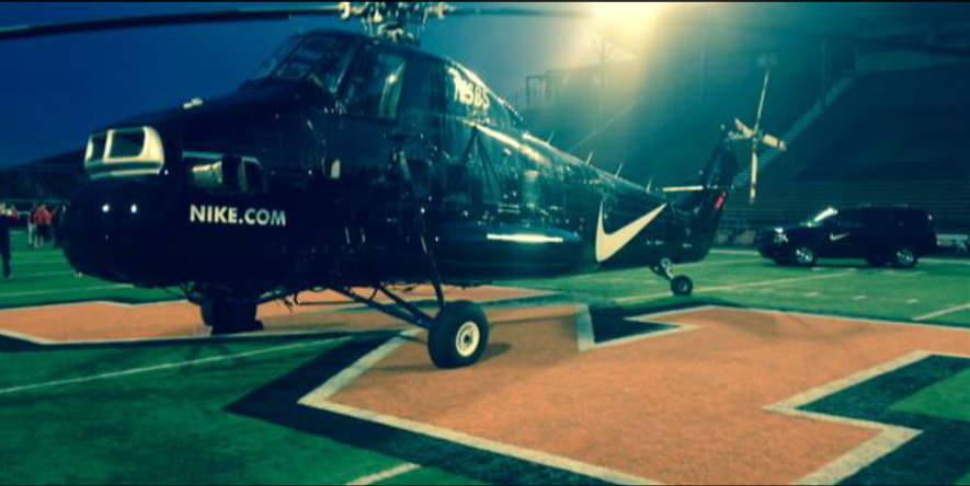 The Nike helicopter lands on the big M
