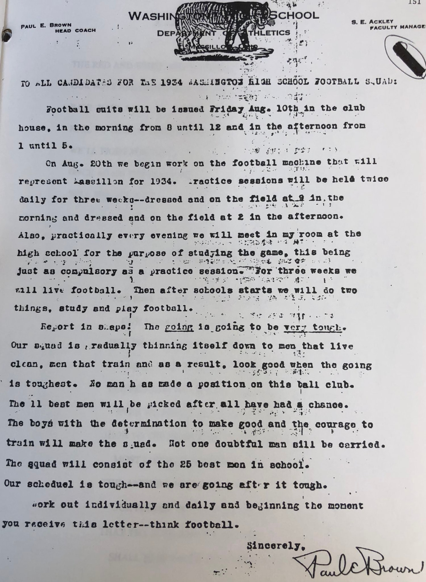 Paul Brown's 1934 letter to all squad candidates